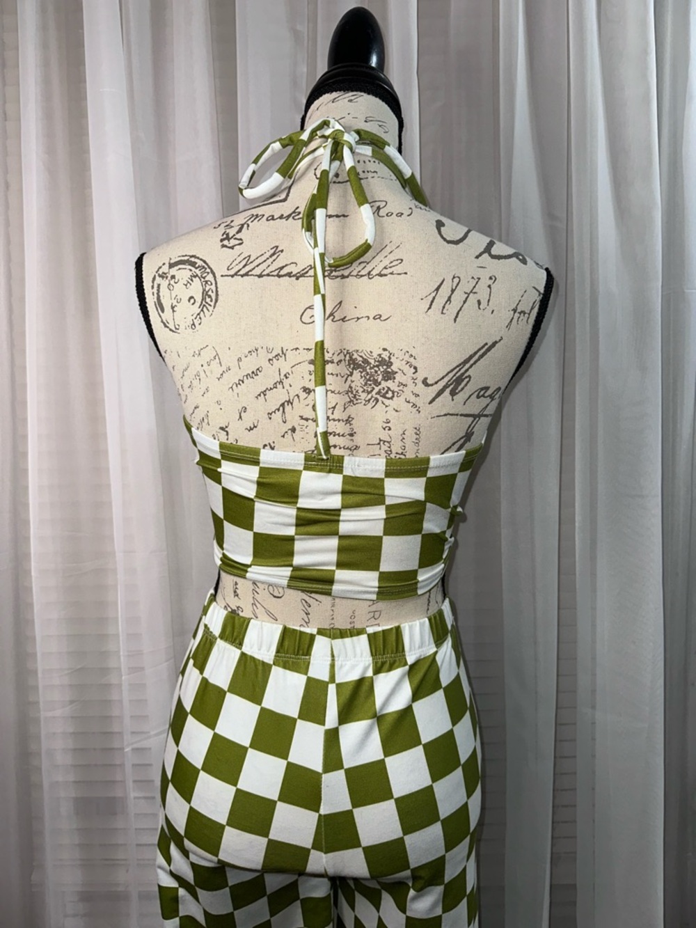 Princess Polly Olive and White Checkerboard Wide Leg Jumpsuit Set - Picture 6 of 7